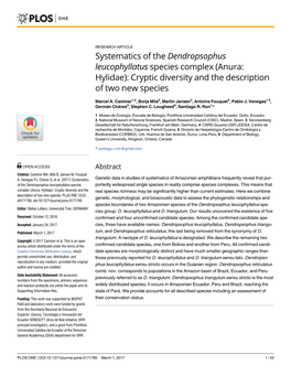 Systematics of the Dendropsophus Leucophyllatus Species Complex (Anura: Hylidae): Cryptic Diversity and the Description of Two New Species