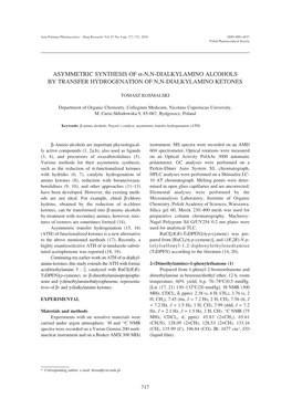 Asymmetric Synthesis of Α-N,N-Dialkylamino Alcohols by Transfer Hydrogenation of N,N-Dialkylamino Ketones