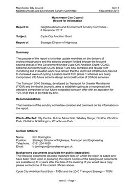 Cycle City Ambition Grant Report for the Meeting of the Neighbourhoods