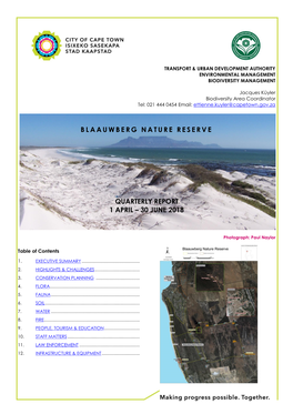 Blaauwberg Nature Reserve Quarterly Report 1 April