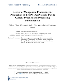 Review of Manganese Processing for Production of TRIP/TWIP Steels, Part 1: Current Practice and Processing Fundamentals