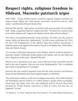 Respect Rights, Religious Freedom in Mideast, Maronite Patriarch Urges
