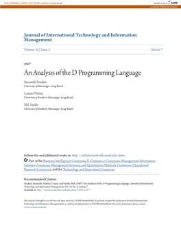 An Analysis of the D Programming Language Sumanth Yenduri University of Mississippi- Long Beach