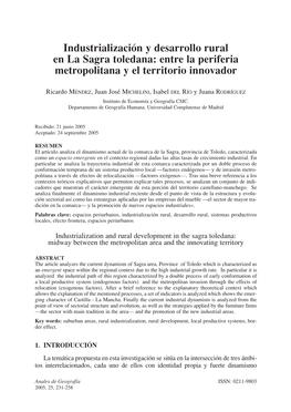 Industrialización Y Desarrollo Rural En La Sagra Toledana: Entre La Periferia Metropolitana Y El Territorio Innovador