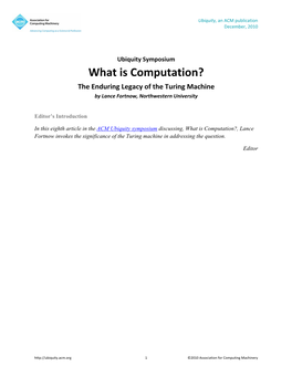 What Is Computation? the Enduring Legacy of the Turing Machine by Lance Fortnow, Northwestern University