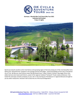 Germany - Moselle Bike Trail Classic Bike Tour 2021 Individual Self-Guided 7 Days / 6 Nights