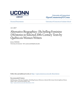 Stories in Selected 20Th-Century Texts by Québécois Women Writers Jessica Mcbride University of Connecticut - Storrs, Jessica.Mcbride@Uconn.Edu