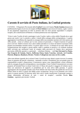 Carente Il Servizio Di Poste Italiane, La Confsal Protesta