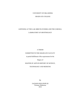 Bird Watchers and the Cornell Laboratory of Ornithology a Thesis S