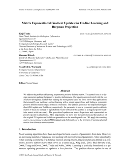 Matrix Exponentiated Gradient Updates for On-Line Learning and Bregman Projection