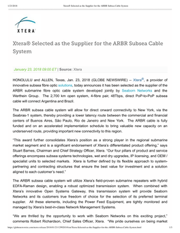Xtera® Selected As the Supplier for the ARBR Subsea Cable System