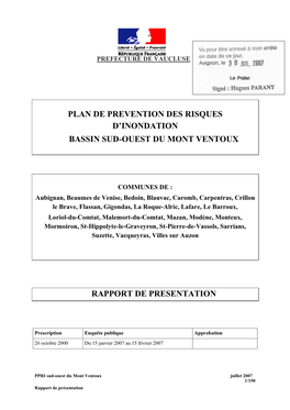 Plan De Prevention Des Risques D'inondation Bassin Sud-Ouest Du