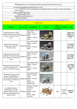 Guangzhou Runming Tea Co. Ltd Wholesale Price List of Teawares