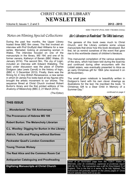 CHRIST CHURCH LIBRARY NEWSLETTER Volume 9, Issues 1, 2 and 3 2012 - 2013