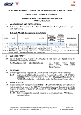 2019 Virgin Australia Supercars Championship – Races 11 and 12 Cams Permit Number: 819/0405/01 Further Supplementary Regulatio