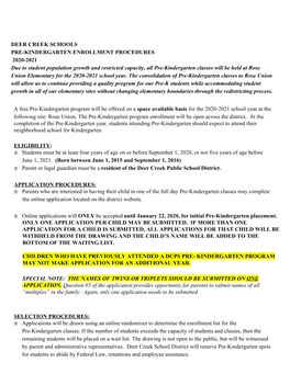 DEER CREEK SCHOOLS PRE-KINDERGARTEN ENROLLMENT PROCEDURES 2020-2021 Due to Student Population Growth and Restricted Capacity, Al