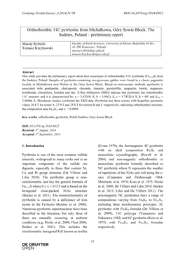 Orthorhombic 11C Pyrrhotite from Michałkowa, Góry Sowie Block, the Sudetes, Poland – Preliminary Report