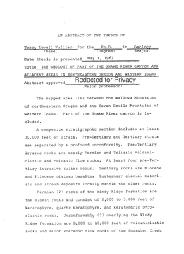 The Geology of Part of the Snake River Canyon and Adjacent Areas in Northeastern Oregon and Western Idaho