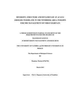 Diversity, Structure and Dynamics of an Acacia Erioloba Woodland in the Windhoek Area: Insights for the Management of Urban Habitats