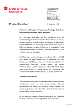 Presseinfo Ergebnis Seniorenstiftung 2019