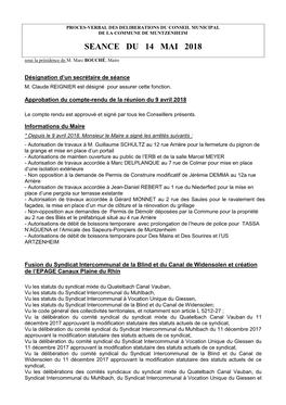 SEANCE DU 14 MAI 2018 Sous La Présidence De M