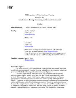 MIT Department of Urban Studies and Planning Course 11.401 Introduction to Housing, Community, and Economic Development Syllabus