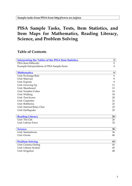 PISA Sample Tasks, Texts, Item Statistics, and Item Maps for Mathematics, Reading Literacy, Science, and Problem Solving