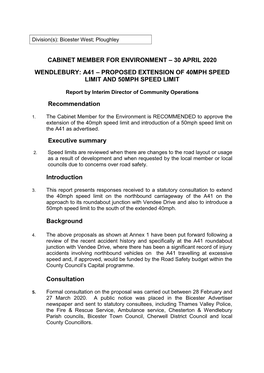 Wendlebury: A41 – Proposed Extension of 40Mph Speed Limit and 50Mph Speed Limit