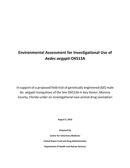 Environmental Assessment for Investigational Use of Aedes Aegypti OX513A