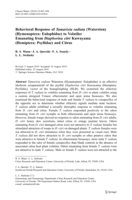 Behavioral Response of Tamarixia Radiata (Waterston) (Hymenoptera: Eulophidae) to Volatiles Emanating from Diaphorina Citri Kuwayama (Hemiptera: Psyllidae) and Citrus