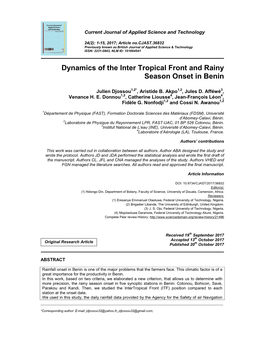 Dynamics of the Inter Tropical Front and Rainy Season Onset in Benin