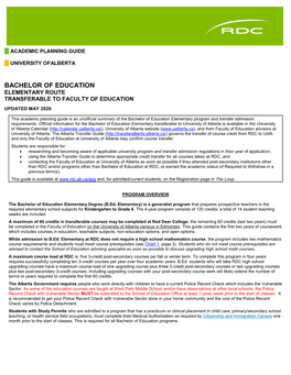 Bachelor of Education Elementary Route Transferable to Faculty of Education