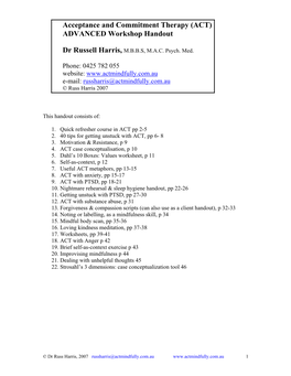 Acceptance and Commitment Therapy (ACT) ADVANCED Workshop Handout