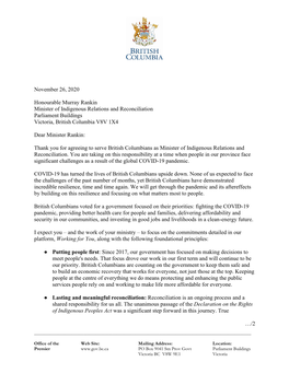 November 26, 2020 Honourable Murray Rankin Minister of Indigenous Relations and Reconciliation Parliament Buildings Victoria, Br