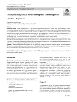 Solitary Plasmacytoma: a Review of Diagnosis and Management