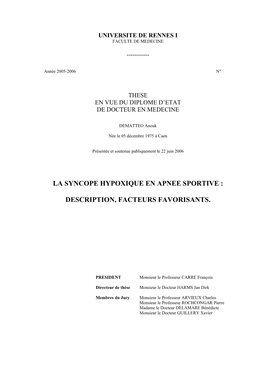 La Syncope Hypoxique En Apnee Sportive