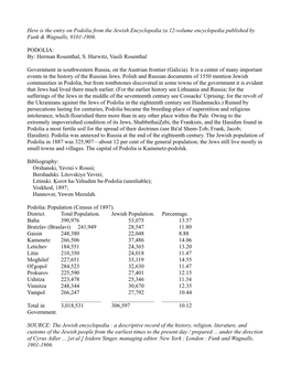 Here Is the Entry on Podolia from the Jewish Encyclopedia (A 12-Volume Encyclopedia Published by Funk & Wagnalls, 9101-1906