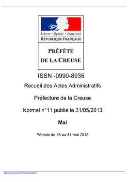 Recueil Des Actes Administratifs Préfecture De La Creuse Normal N°11 Publié Le 31/05/2013