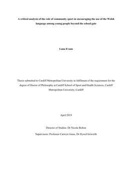 A Critical Analysis of the Role of Community Sport in Encouraging the Use of the Welsh Language Among Young People Beyond the School Gate