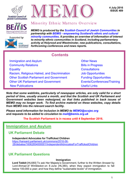 MEMO Is Produced by the Scottish Council of Jewish Communities in Partnership with BEMIS - Empowering Scotland's Ethnic and Cultural