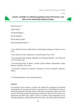 Genetic Variability in a Holstein Population Using SNP Markers and Their Use for Monitoring Mating Strategies