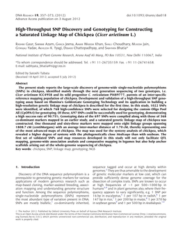 High-Throughput SNP Discovery and Genotyping for Constructing a Saturated Linkage Map of Chickpea (Cicer Arietinum L.)