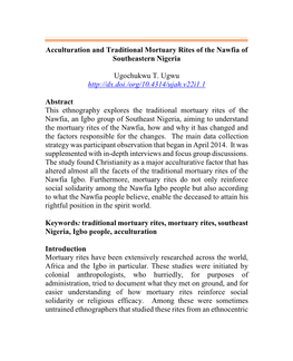 Acculturation and Traditional Mortuary Rites of the Nawfia of Southeastern Nigeria Ugochukwu T. Ugwu