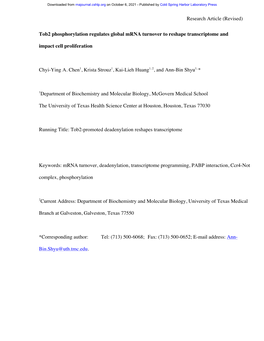 Tob2 Phosphorylation Regulates Global Mrna Turnover to Reshape Transcriptome and Impact Cell Proliferation