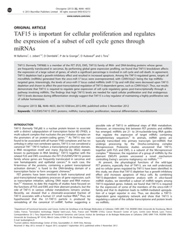 TAF15 Is Important for Cellular Proliferation and Regulates the Expression of a Subset of Cell Cycle Genes Through Mirnas