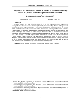 Comparison of Confidor and Palizin in Control of Greenhouse Whitefly Adults in Gerbera Commercial Greenhouses in Pakdasht