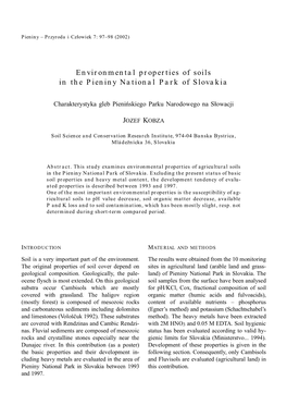 Environmental Properties of Soils in the Pieniny National Park of Slovakia