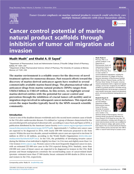 Cancer Control Potential of Marine Natural Product Scaffolds Through