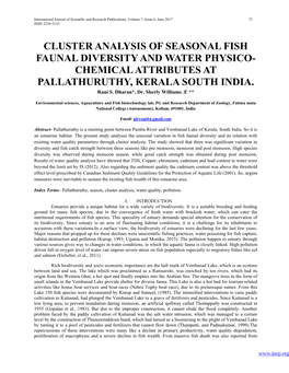 Cluster Analysis of Seasonal Fish Faunal Diversity and Water Physico- Chemical Attributes at Pallathuruthy, Kerala South India