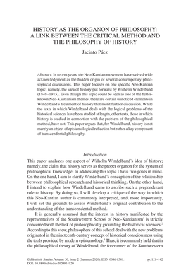 HISTORY AS the ORGANON of PHILOSOPHY: a LINK BETWEEN the CRITICAL METHOD and the PHILOSOPHY of HISTORY Jacinto Páez